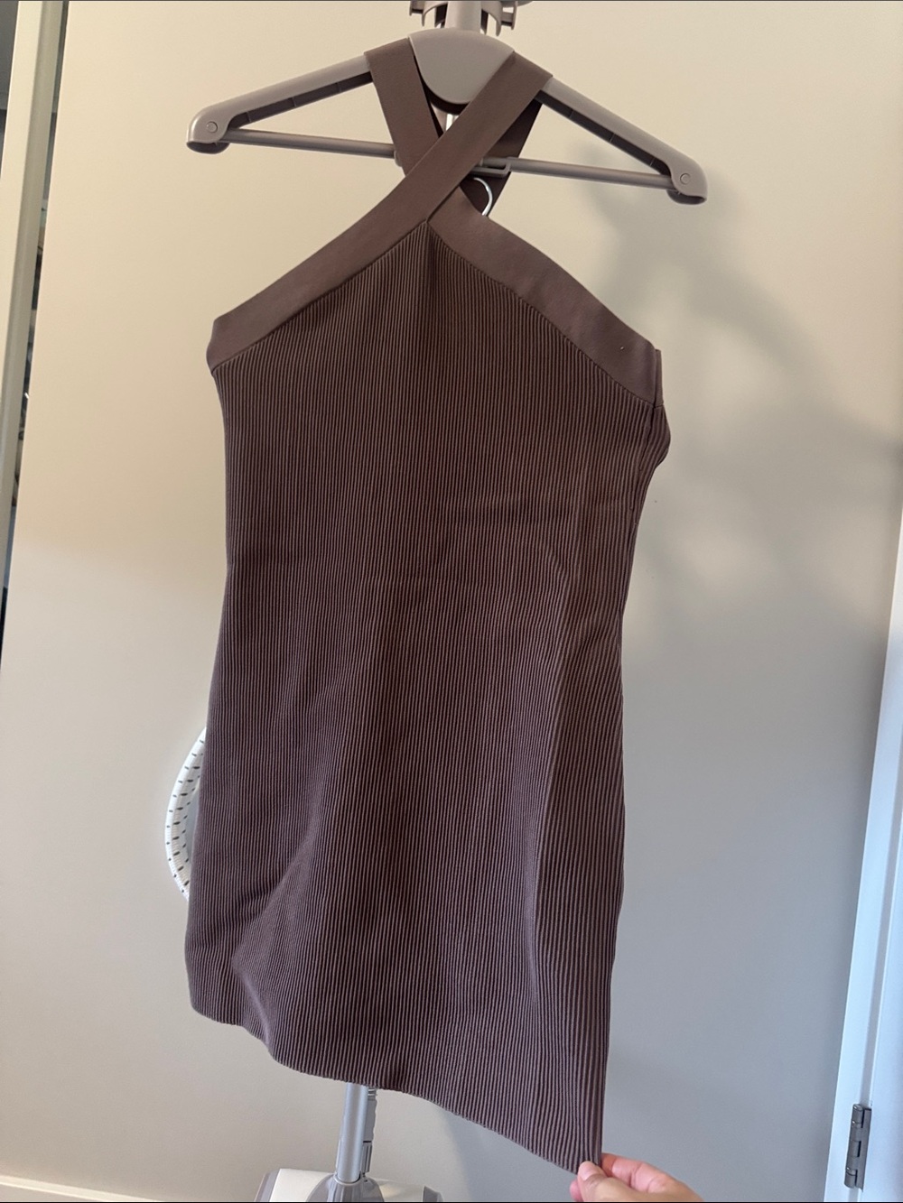 Babaton Brown Ribbed Cross-Neck Dress